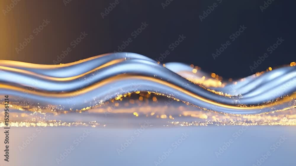 Poster abstract metallic waves with golden particles on dark background surface art illustration with dynam