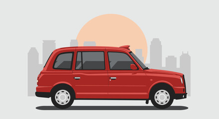 A red london taxi cab is shown in front of a city skyline and a large sun isolated on white background © arfanah02