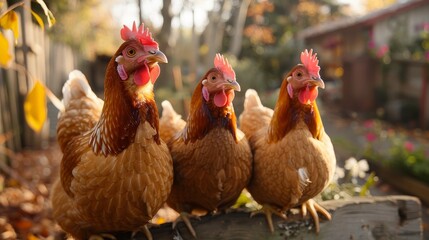 Fototapeta premium Three playful and curious chickens sit together, showcasing their plumage in a sunny garden. Their presence embodies the charm of farm life and natural beauty.