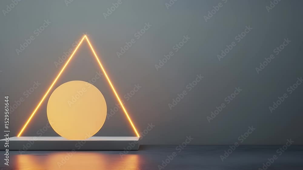 Poster abstract geometric composition featuring a glowing triangle and yellow circle on a gray background m