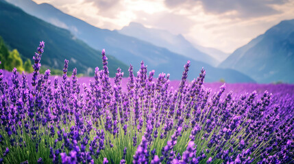 Fototapeta premium Lavender field blooming in a mountainous region during a sunny afternoon