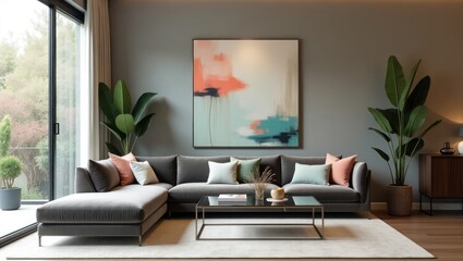 Modern living room with gray sectional sofa and abstract art.