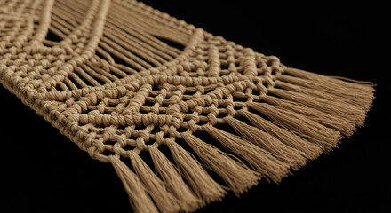 Close-up of macrame with fringe details on black background