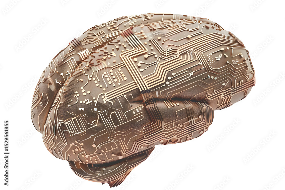 Poster a futuristic artificial-intelligence microchip shaped like a human brain hyper-detailed metallic cir