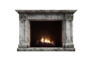 Elegant marble fireplace with burning flames isolated on a transparent background