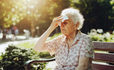 Elderly woman resting on bench in park during warm afternoon while wiping forehead
