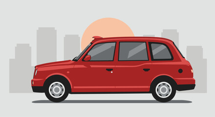 A red london taxi cab is shown in front of a city skyline and a large sun isolated on white background