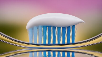 Macro Closeup of Blue Toothbrush Bristles with White Toothpaste on Gold Background