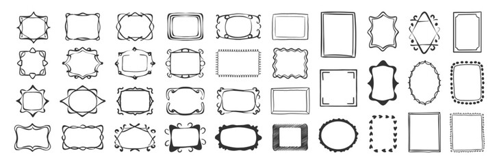 Hand drawn vintage frame set, doodle, wavy, squiggly minimalist borders for wedding invitations, birthday cards, social media templates. Vector illustration