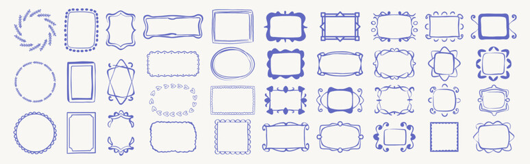 Hand drawn vintage frame set, doodle, wavy, squiggly minimalist borders for wedding invitations, birthday cards, social media templates. Vector illustration
