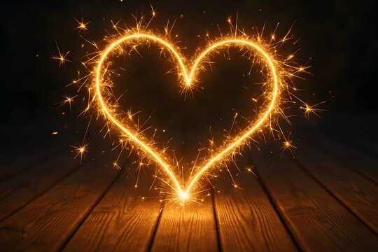 Sparkling heart symbol created with fire sparks on rustic wooden surface, romantic and passionate symbol of love, Valentine's Day concept, dark background.