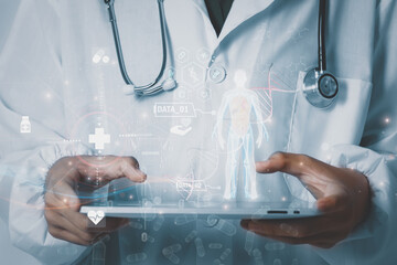 Future medicine, Doctor work digital healthcare AI innovation, Smart hospital technology, DNA analytics biotechnology, healthcare genetic research medical lab disease defects, drug develop treatment.
