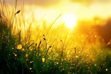 Obraz premium Seedlings thrive in warm golden hour light, their delicate leaves illuminated by sunlight while tiny droplets of dew glisten with a calm, peaceful ambiance