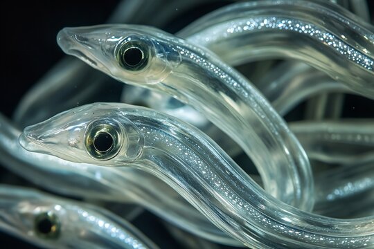 A close-up of a glass eel setting in top perspective for use as a poster backdrop, Generative AI.