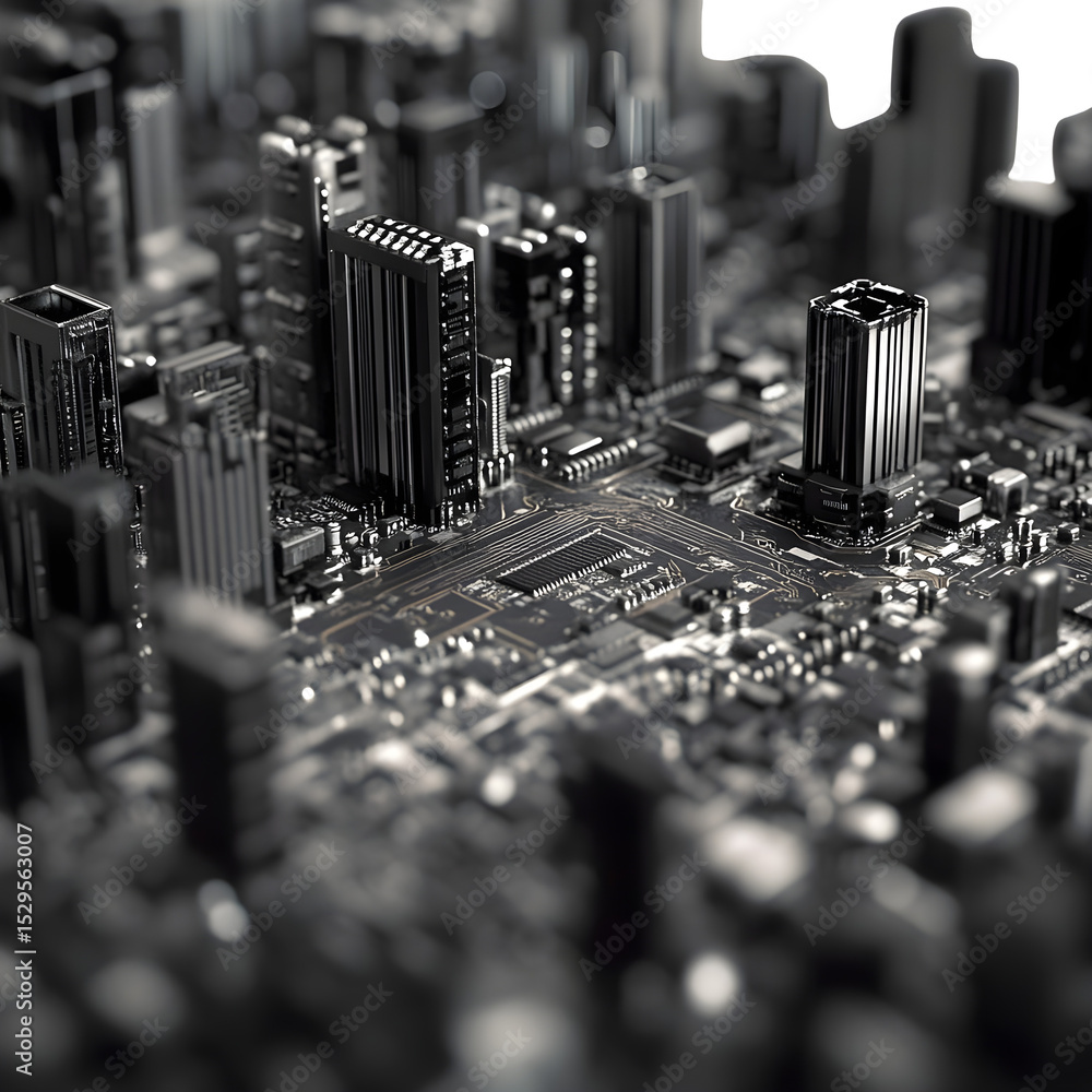 Poster monochrome motherboard landscape resembling futuristic cityscape tilt-shift effect stock image stock