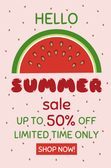 Summer Sale Background Watermelon Up to 50% Off. Hello Summer Sale Poster with Watermelon and Seeds. Seasonal Promotional Design for Advertising, Banner or Flyer.