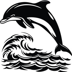 Black dolphin leaps above the wave, showcasing its sleek form in silhouette on white