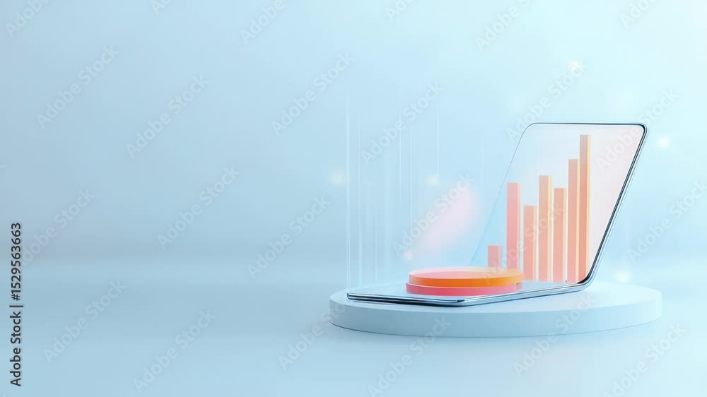 Poster financial data visualization with growing bar graph on minimalist display podium in light blue backg