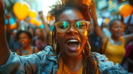 A passionate individual at a lively street protest, radiating energy and joy, encapsulating the spirit of community and togetherness in a vibrant urban setting.