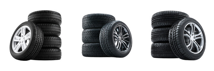 Stacked Car Tires with Rims – High-Resolution Automotive Wheels Isolated on Transparent Background