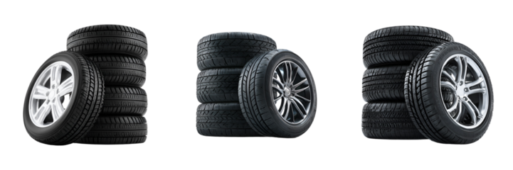 Stacked Car Tires with Rims – High-Resolution Automotive Wheels Isolated on Transparent Background