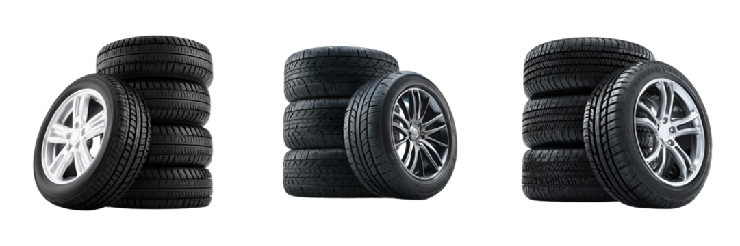 Stacked Car Tires with Rims – High-Resolution Automotive Wheels Isolated on Transparent Background