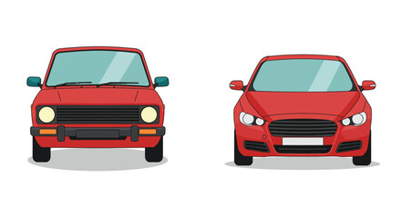 Two red cars one vintage and one modern are isolated on white background in a front view comparison