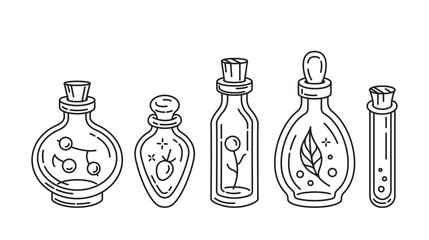 Minimalist potion and lab bottles fantasy line art icons for digital planners and alchemy themes