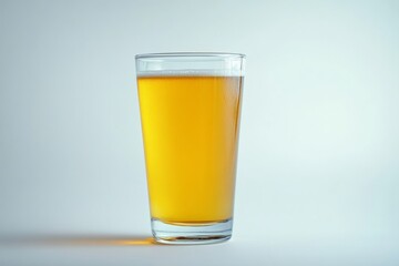 A clear glass filled with golden cider captures attention on a white background. The drink exudes freshness and invites enjoyment during leisurely moments. With copy space for text