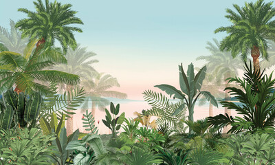 Subtle Nature Wall Mural: Faded Green Foliage, Palms & Pastel Horizon over Lake © csinie1