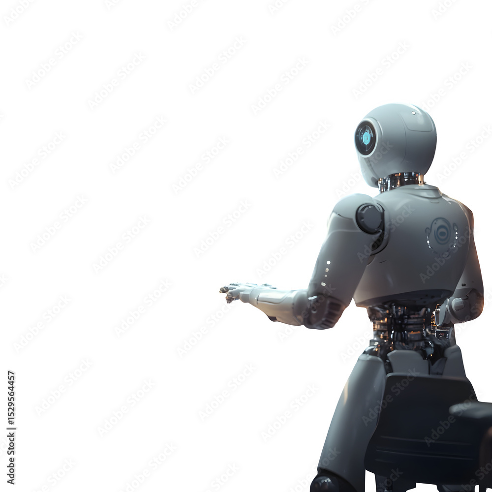Poster robot teacher in futuristic classroom with transparent smart boards warm ambient light stock image s