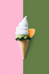 Matcha Ice Cream Cone with Mango and Whipped Cream on Pink and Green Background