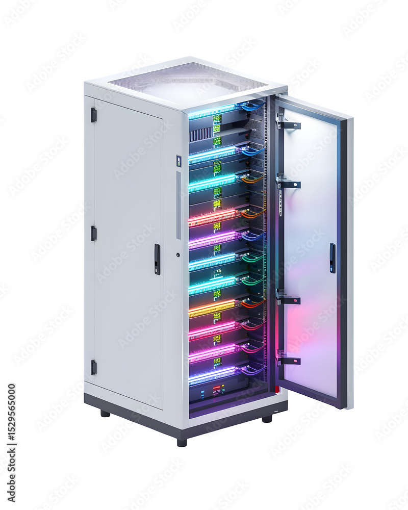 Poster an isometric view of a pristine white server rack cabinet with subtle blinking status leds front doo