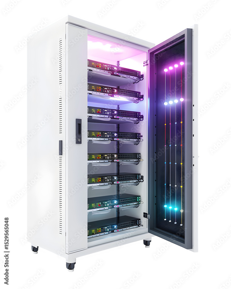 Poster an isometric view of a pristine white server rack cabinet with subtle blinking status leds front doo
