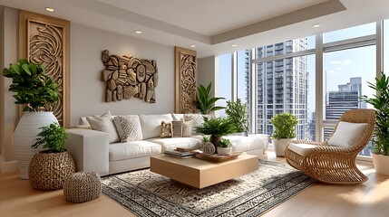 Naklejka premium Modern cozy living room with cityscape views high resolution image