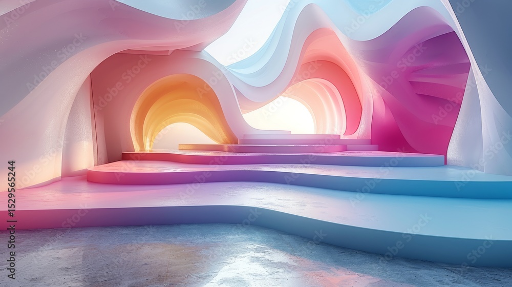 Poster a visually captivating abstract space featuring elegant flowing forms in soft pastel colors, designe