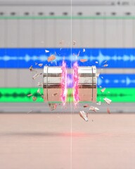 Metallic Cylinder Exploding with Pink Energy, Digital Audio Waveform Background