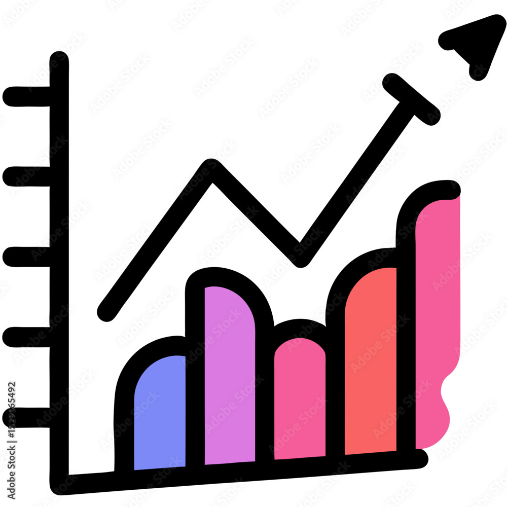 Poster ascending colorful bar graph with line graph overlay and rocket icon