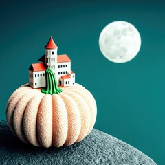 Miniature Castle on a Pumpkin Under a Full Moon