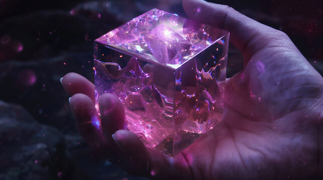 Hand Holding Glowing Transparent Cube with Pink and Purple Particles - Powered by Adobe