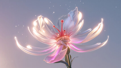A glowing ethereal flower with translucent petals against a soft pastel background with sparkles
