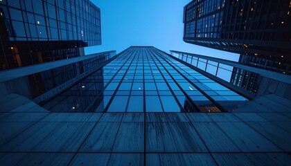 Skyscrapers' upward view reflective glass, sharp angles, blue hour light