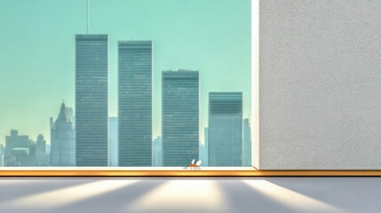 Miniature Figures Beside Modern Skyscrapers Viewed Through a Window