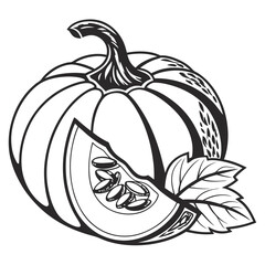 A pumpkin is next to a sliced piece and leaves in black outline