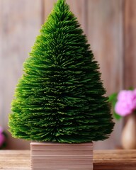 Miniature Green Christmas Tree on Wooden Base