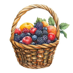 watercolor vector of Berry And Stone Fruit Basket, high quality, isolated on a white background.