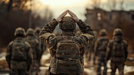 A soldier stands at the forefront, signaling to comrades in a war-torn environment, representing courage, leadership, and the somber realities faced in conflict-filled terrains.