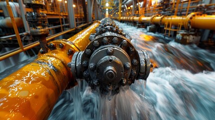 An industrial image showcasing a dynamically flowing pipeline with water, emphasizing the complexity of machinery and the powerful forces at work in factory environments.