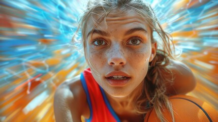 An intense image of a young athlete, with detailed facial expressions and vibrant colors, capturing the essence of determination in a vibrant basketball environment.