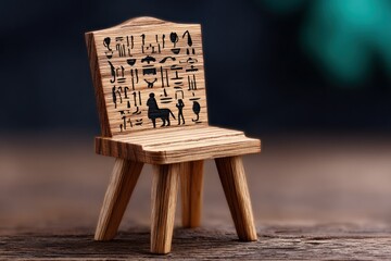 Miniature Wooden Chair with Hieroglyphic Carvings on a Dark Wooden Table
